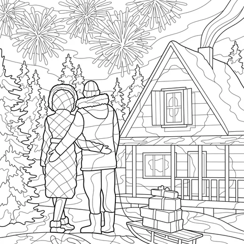 Couple embracing and enjoying fireworks in the snowy night with a log - cabin