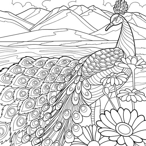 Peacock beside the Flowers
