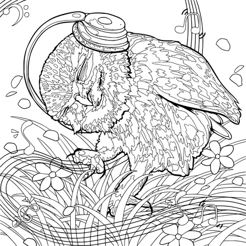 An owl lost in music with headphones