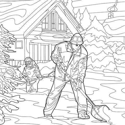Pai e filho limpando a neve