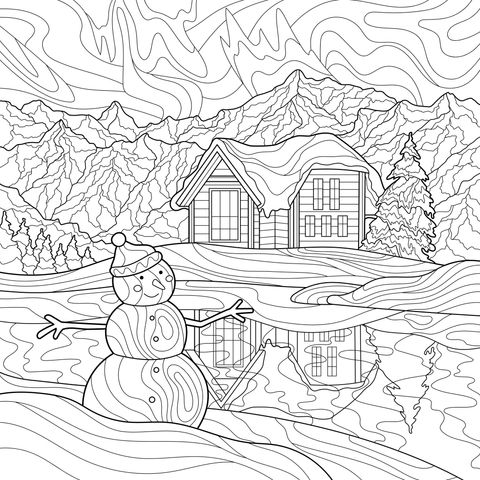 Boneco de neve e cabana pelo lago no inverno