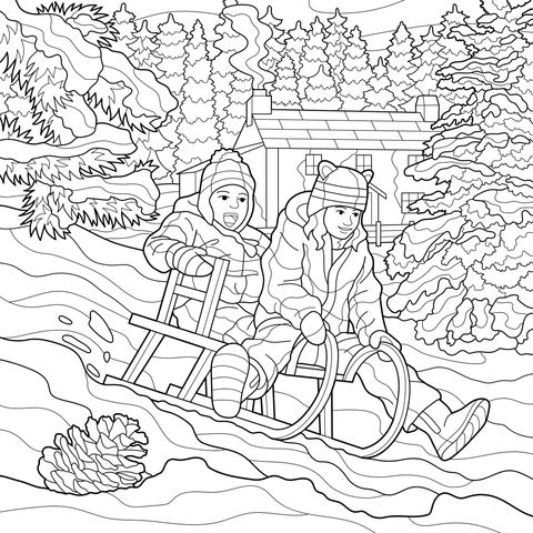 Crianças brincando num trineu na neve