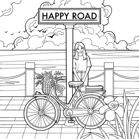 Girl and Bicycle by Happy Road