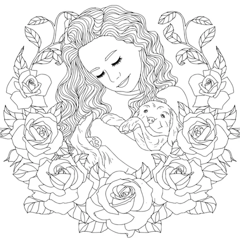 Girl Hugging a Puppy with Roses
