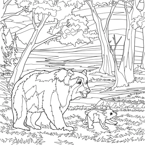 Mother Bear and Cub in the Forest