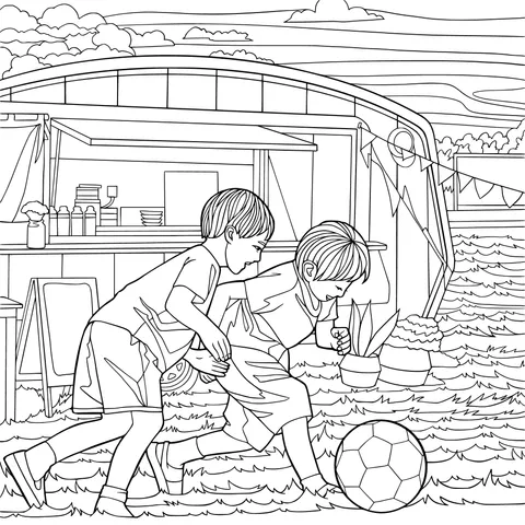 Two children playing football beside the campsite