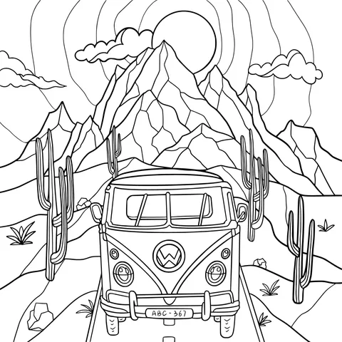 Red Camper Van Journey in the Desert