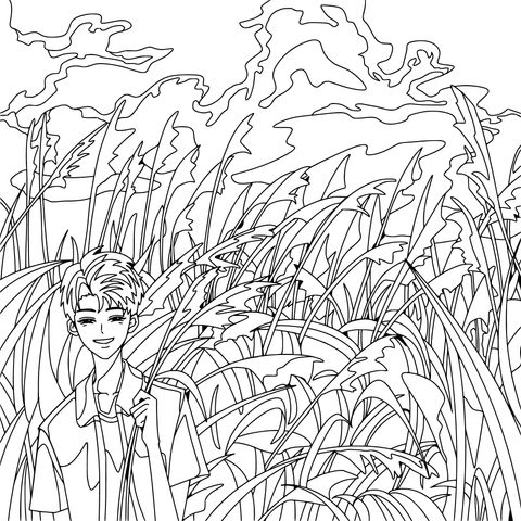葦の茂みの中の少年