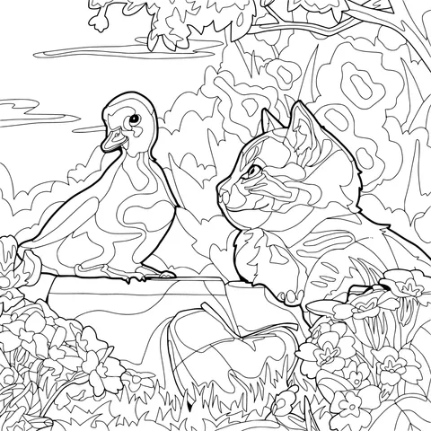 A cat and a duckling in the flower - bed