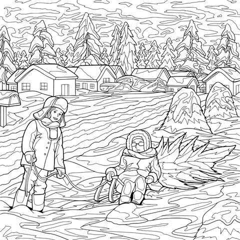 A joyful winter scene of pulling a sled