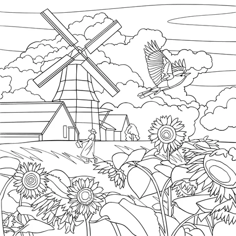 Windmill and Flying Bird in the Countryside