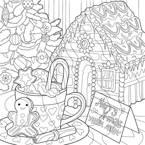 Cena de Natal: Casa de biscoitos - de - gengibre, bebida quente e decorações