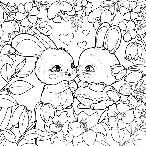 Casal de coelhos apaixonados no bosque de flores