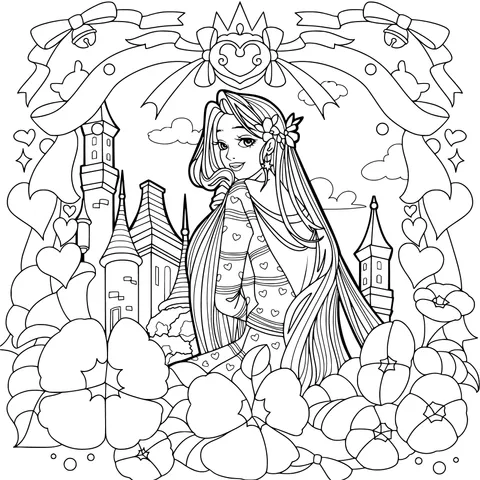 Long - haired Princess beside the Fairy - tale Castle