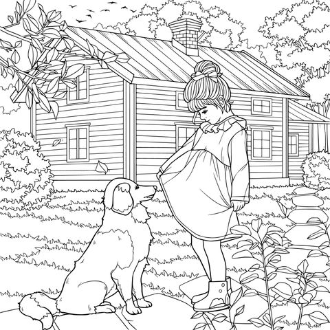 木造の家の前で少女と犬