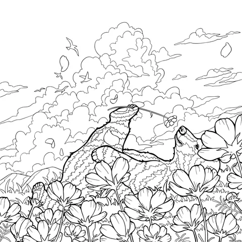 A bear resting in a flower - filled meadow