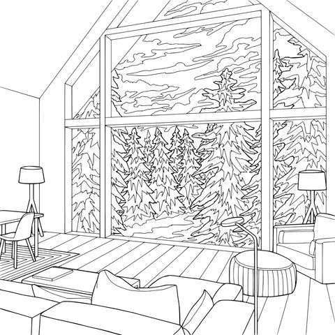 Cozy Living Room with Snow - covered Scenery