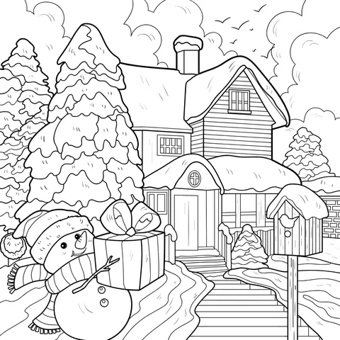 Snowman and the Gift beside the Log - cabin