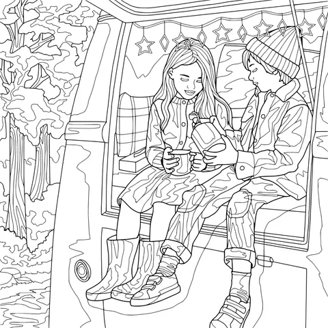 Children enjoying hot drinks in the car during autumn