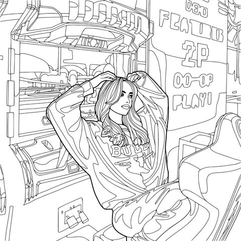 Girl sitting in front of an arcade machine