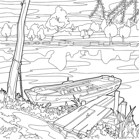 Small Boat and Wooden Dock by the Lake
