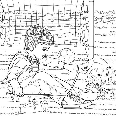 少年がサッカー場で靴紐を結び、子犬がそばにいる