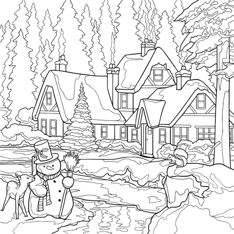 Snow - covered Cottage and Animals in Winter