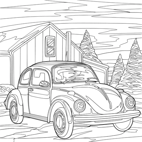 Red Car and Red Barn in Winter