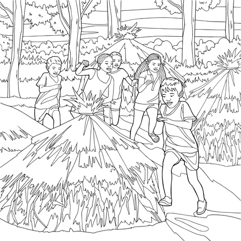 Children running among haystacks