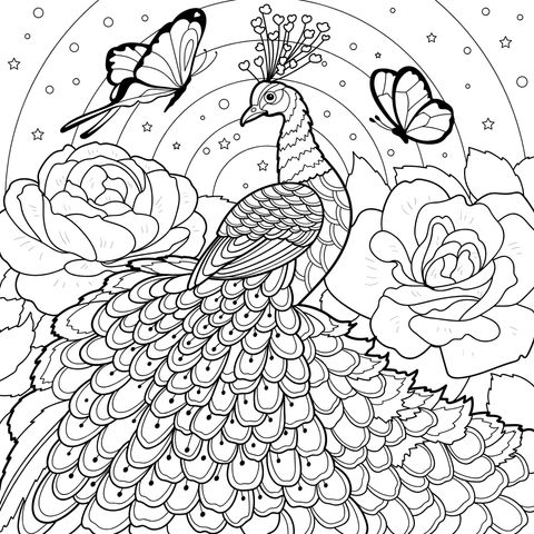 Pavão, rosas e borboletas