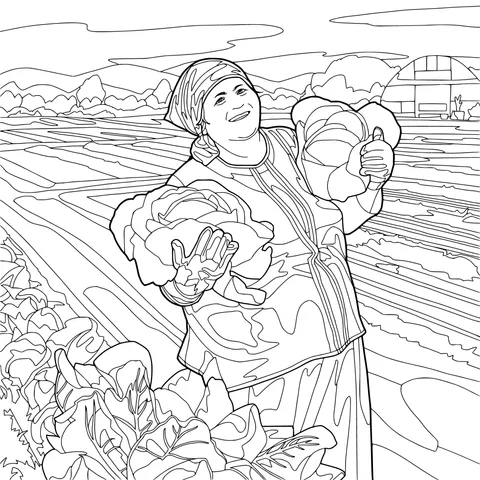 Happy farmer - woman showing harvested cabbages