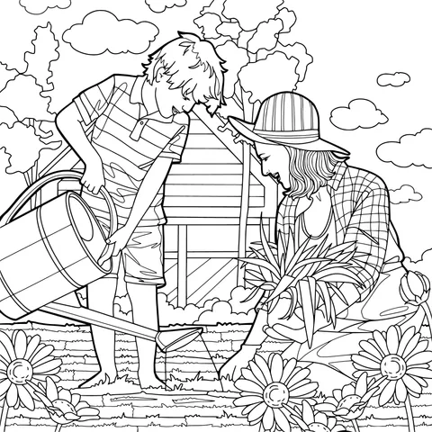 Mother and Son Enjoy Gardening Together