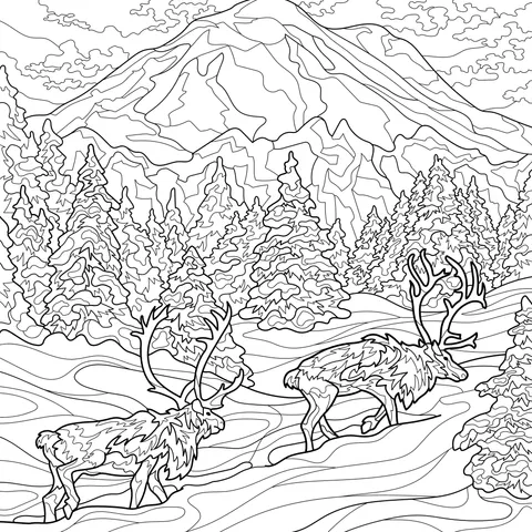 Reindeer in the Snow - covered Mountain Forest