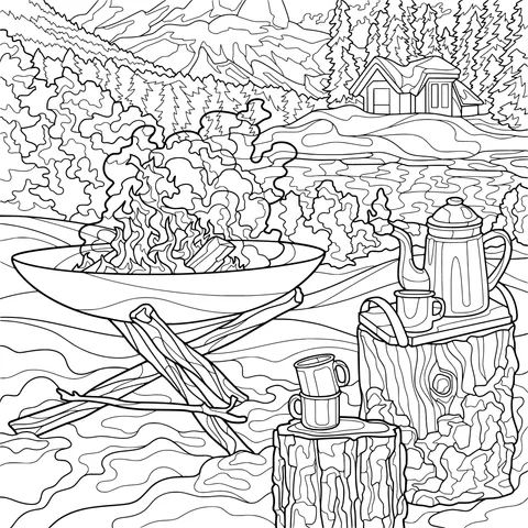 Winter outdoor campfire camping scene