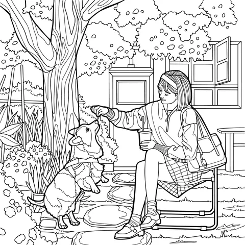 Girl feeding a dog outdoors