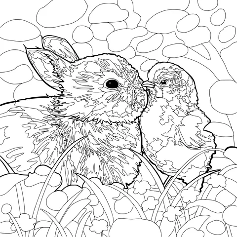 An Intimate Moment Between a Rabbit and a Chick