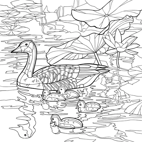 A goose and goslings in a lotus pond