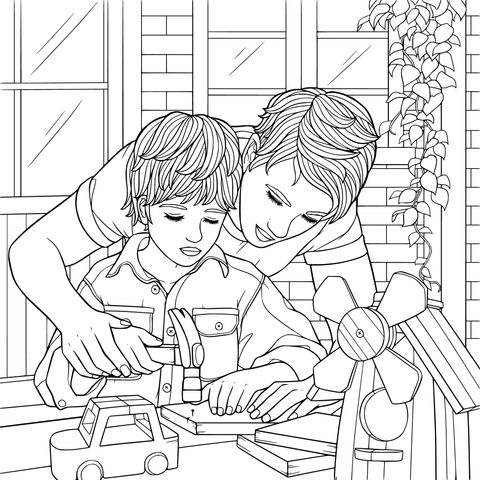 Father teaching child to do handicrafts