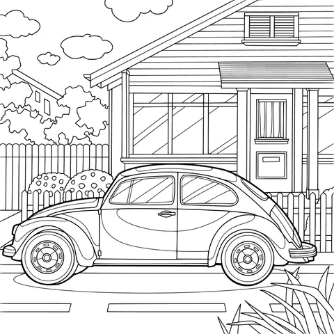 Blue car parked in front of a house