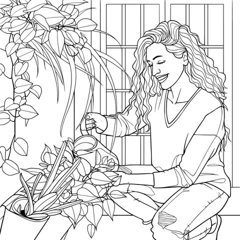 Woman watering green plants