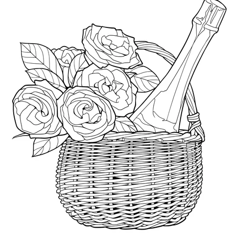 Basket with roses and a wine bottle