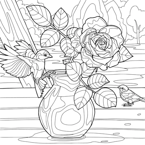 Roses in a Vase and Little Birds