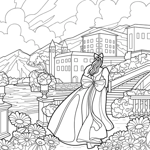 Elegant Maiden in Front of the Lakeside Castle