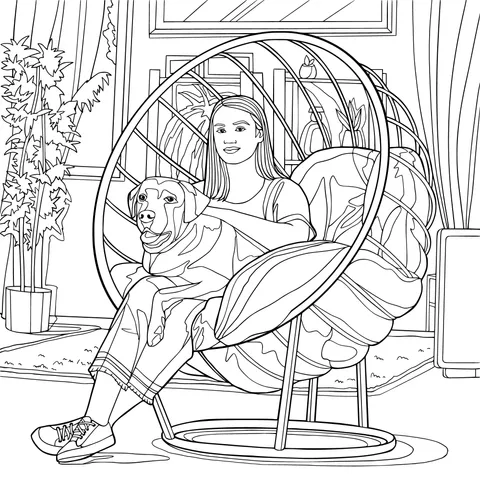A woman and a dog sitting cozily on a hanging chair