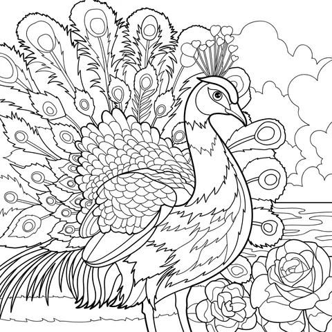 Beautiful Peacock and Flowers