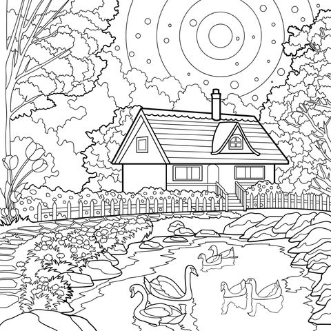 月夜下的湖畔小屋