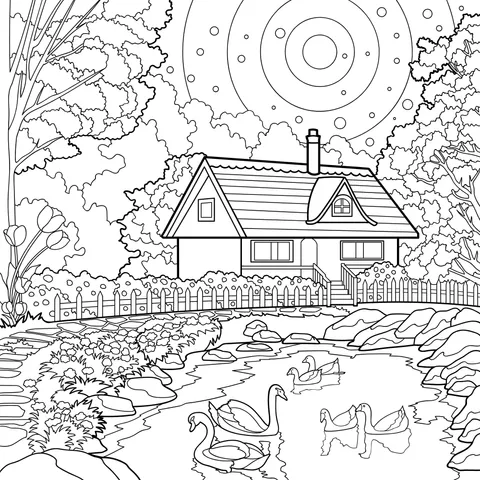 Cottage by the Lake under the Moonlight