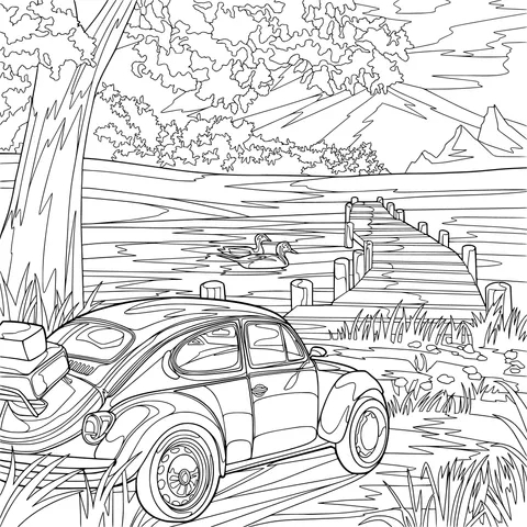 Autumn Lakeside Scene with a Vintage Car