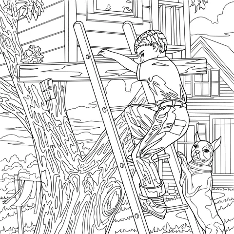Boy climbing a tree - house