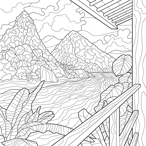View of mountain - and - water scenery from a wooden house balcony